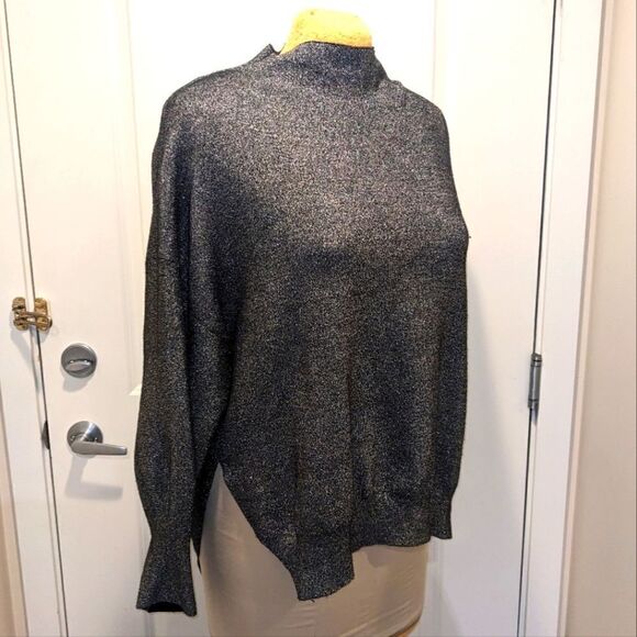 $5 Item! H&M L Sparkly Silver Mock Neck Stretch Knit Slit Side Sweater - Picture 3 of 8